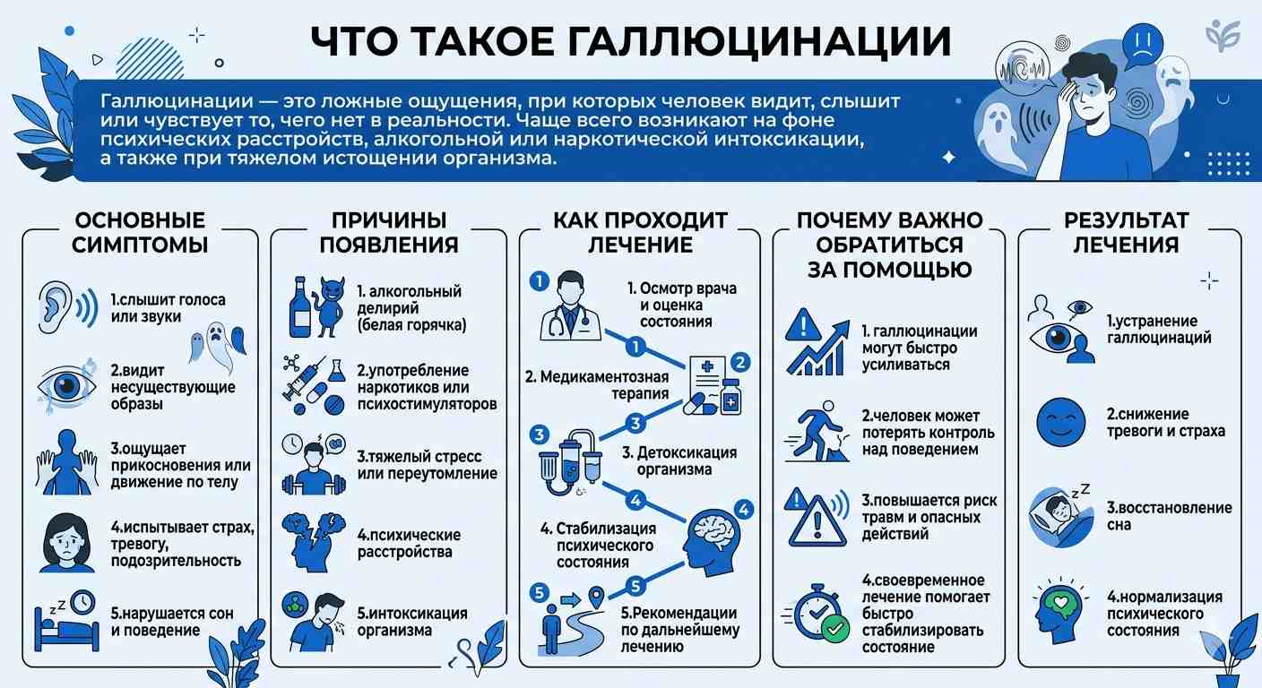 инфографика о галлюцинациях: основные симптомы, причины появления и как проходит лечение